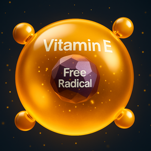 Vitamin E molecule with a free radical symbol on a dark background