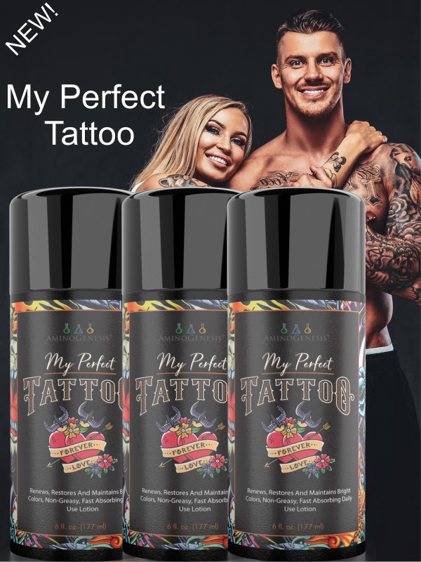 My Perfect Tattoo 6 oz 3 Bottle Product Shot with Tattoo Couple in background