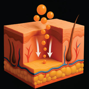 Diagram of skin layers with hair and oil glands on a black background