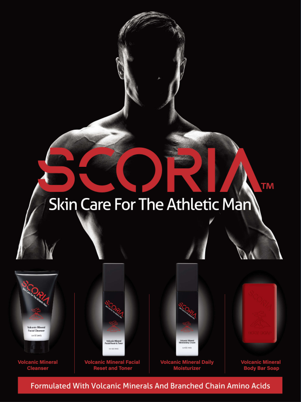 Product Shot. Scoria Skin Care Kit For Men. Contains (1)  2.8 oz Volcanic Mineral Cleanser, (1) 3.9 oz Volcanic Mineral Facial Reset & Toner, (1) 3.9 oz Volcanic Mineral Daily Moisturizer, (1) 5 oz Volcanic Mineral Body Bar Soap.
