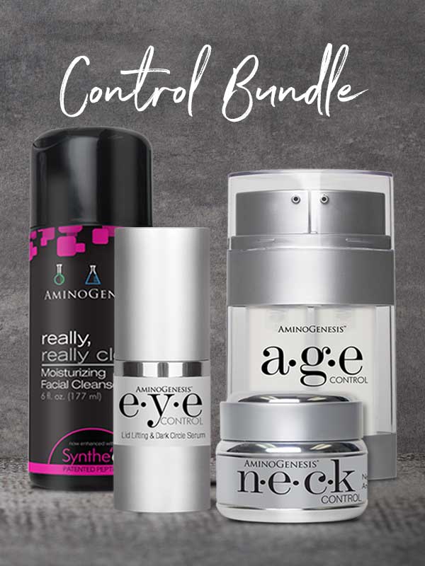 Control Bundle Image: Contains (1) 6 oz Really, Really Clean Cleanser, (1) 1.5 fl oz E.Y.E. Control, (1) AGE Control Anti-Glycation Serum 15 ml each AM and PM Formula (total 1 fl oz), (1) 30 ml N.E.C.K Control 