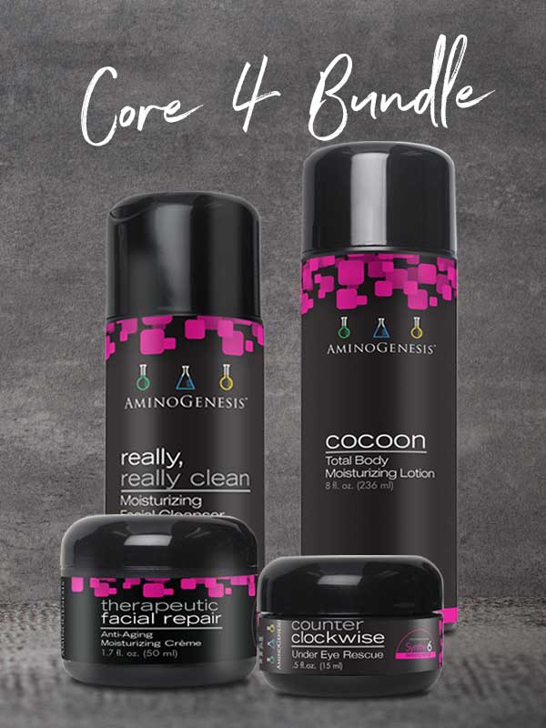 Product Image CORE 4 Bundle: Contains (1) 6 oz Really, Really Clean Cleanser, (1) 8 oz Cocoon Total Body Moisturizing Lotion, (1) 1/7 oz Therapeutic Facial Repair Cream, (1) .5 oz Counter Clockwise Under Eye Rescue.